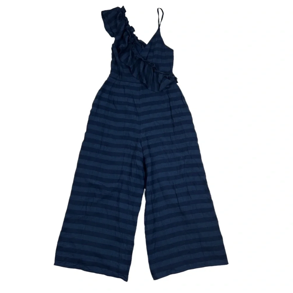 Tularosa Navy Blue Striped Ruffle Florence Cropped Jumpsuit